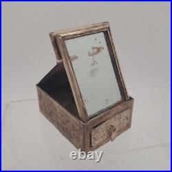 Antique Chinese Silver Flip Up Mirror Traveling Makeup Jewelry Box READ