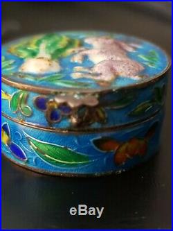 Antique Chinese Silver Gilt Cloisonne Enamel Bunny Rabbit Snuff Pill Box Hinged