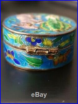 Antique Chinese Silver Gilt Cloisonne Enamel Bunny Rabbit Snuff Pill Box Hinged