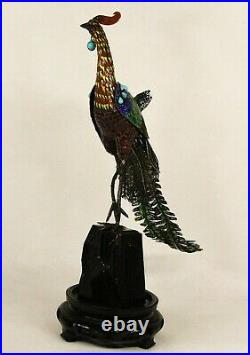 Antique Chinese Silver Gilt Filigree Enamel Turquoise Peacock Bird Sculpture