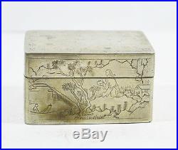 Antique Chinese Silver Ink Box Inkstone & Calligraphy Signed
