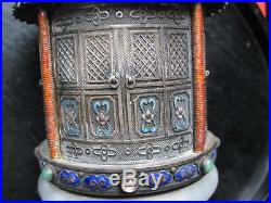 Antique Chinese Silver Jade Bracelet Cloisonne Enamel Jar Box Temple Form Stones