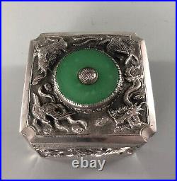 Antique Chinese Silver & Jade Dragon Box EZX