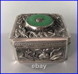Antique Chinese Silver & Jade Dragon Box EZX