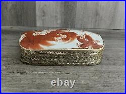 Antique Chinese Silver Metal Casket Box Enameled Red Foo Lion Dog