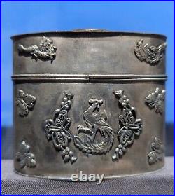 Antique Chinese Silver Metal Container With Dragon Phoenix Filigree Framed