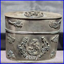 Antique Chinese Silver Metal Container With Dragon Phoenix Filigree Framed