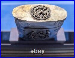 Antique Chinese Silver Metal Container With Dragon Phoenix Filigree Framed