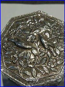 Antique Chinese Silver Octagonal Box, Character Marks, Floral And Bird Pattern