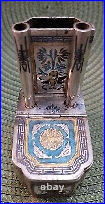 Antique Chinese Silver Paktong (Niello) enameled Opium Holder Accessory Box