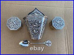 Antique Chinese Silver Pierced Bud Vase, Spoon And Pair Of Trinket Boxes