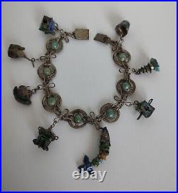 Antique Chinese Silver Plated Charms Turquoise Bracelet