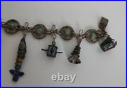 Antique Chinese Silver Plated Charms Turquoise Bracelet