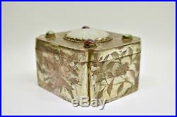 Antique Chinese Silver Plated Copper Jelewry Box with White Jade Plaque