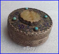 Antique Chinese Silver Plated Trinket Case Pill Box Jade Enamel Makeup Jewellry