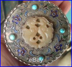 Antique Chinese Silver Plated Trinket Case Pill Box Jade Enamel Makeup Jewellry