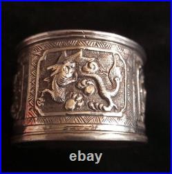 Antique Chinese Silver Pot. Repousse Decoration of Dragons and Beasts