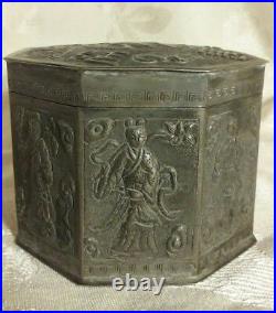 Antique Chinese Silver Repousse Bats Octagon Opium Jar Box RARE