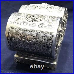 Antique Chinese Silver Repousse Hinged Top Box On Pedestal UNIQUE SHAPE
