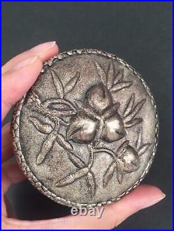 Antique Chinese Silver Repousse Peach Powder Compact Box Late Qing Minguo