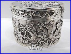 Antique Chinese Silver Round Box, Gilt Lined, Dragons/chrysanths Shanghai C. 1900