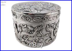 Antique Chinese Silver Round Box, Gilt Lined, Dragons/chrysanths Shanghai C. 1900