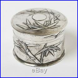 Antique Chinese Silver Round Box Hallmarked Ze Woo Bamboo Design 3.5 Jar & Lid