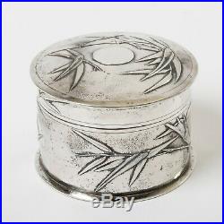 Antique Chinese Silver Round Box Hallmarked Ze Woo Bamboo Design 3.5 Jar & Lid