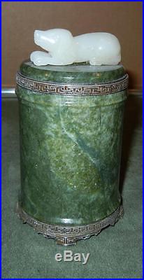 Antique Chinese Silver Sterling Cigar Box Spinach Jade Toggle Carving Dog Marked