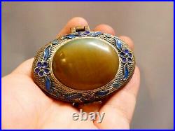 Antique Chinese Silver Trinket Case Pill Box Hetian Jade Enamel Jewelry Qing