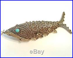Antique Chinese Silver Turquoise Articulated Filigree Koi Fish Pill Box Pendant