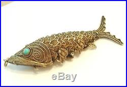 Antique Chinese Silver Turquoise Articulated Filigree Koi Fish Pill Box Pendant