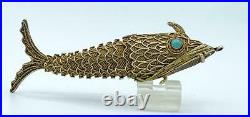 Antique Chinese Silver & Turquoise Articulated Fish Charm Pill Box Pendant