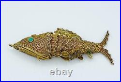 Antique Chinese Silver & Turquoise Articulated Fish Charm Pill Box Pendant