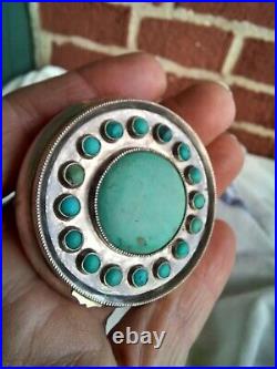 Antique Chinese Silver Turquoise Cabochon Snuff Patch Box Older Estate