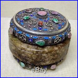 Antique Chinese Silver box with stones and Jade, 20th century. There stamped