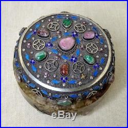 Antique Chinese Silver box with stones and Jade, 20th century. There stamped