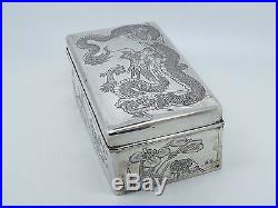 Antique Chinese Silver cigar Box EXPORT China 1890 1910 DRAGON DECORATION