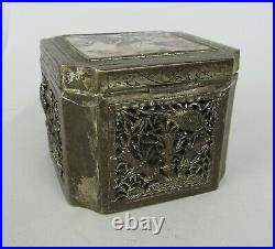 Antique Chinese Silvered Antimony Mother Of Pearl Picture Set Pierced Hinged Box