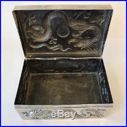 Antique Chinese Solid Silver Box Embossed Dragons Chasing Pearl Cumwo 4.5 X 3