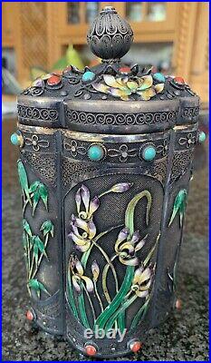 Antique Chinese Solid Silver Enamel Tea Caddy A Museum Piece