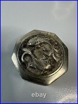 Antique Chinese Solid Silver Hexagonal Pill Box with Embossed Floral Fish Motif