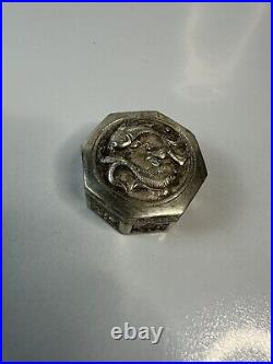 Antique Chinese Solid Silver Hexagonal Pill Box with Embossed Floral Fish Motif