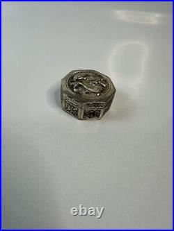 Antique Chinese Solid Silver Hexagonal Pill Box with Embossed Floral Fish Motif