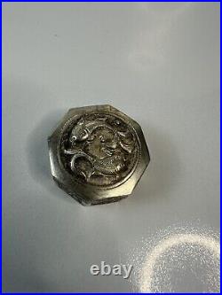 Antique Chinese Solid Silver Hexagonal Pill Box with Embossed Floral Fish Motif