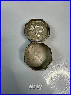 Antique Chinese Solid Silver Hexagonal Pill Box with Embossed Floral Fish Motif