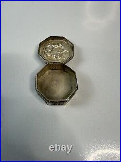 Antique Chinese Solid Silver Hexagonal Pill Box with Embossed Floral Fish Motif