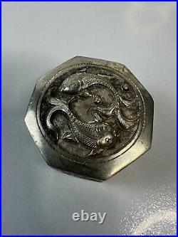 Antique Chinese Solid Silver Hexagonal Pill Box with Embossed Floral Fish Motif