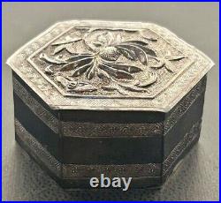 Antique Chinese Solid Silver Hexagonal Pill Box with Embossed Floral Motif Lid