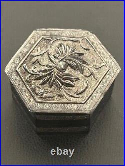 Antique Chinese Solid Silver Hexagonal Pill Box with Embossed Floral Motif Lid